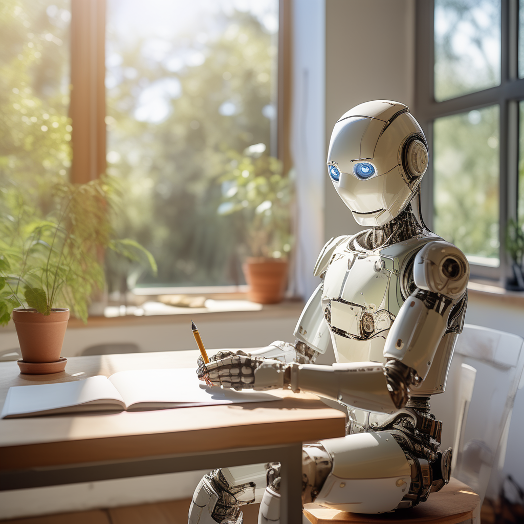 A friendly humanoid robot drawing itself.