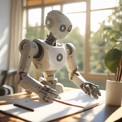 A friendly humanoid robot drawing itself.