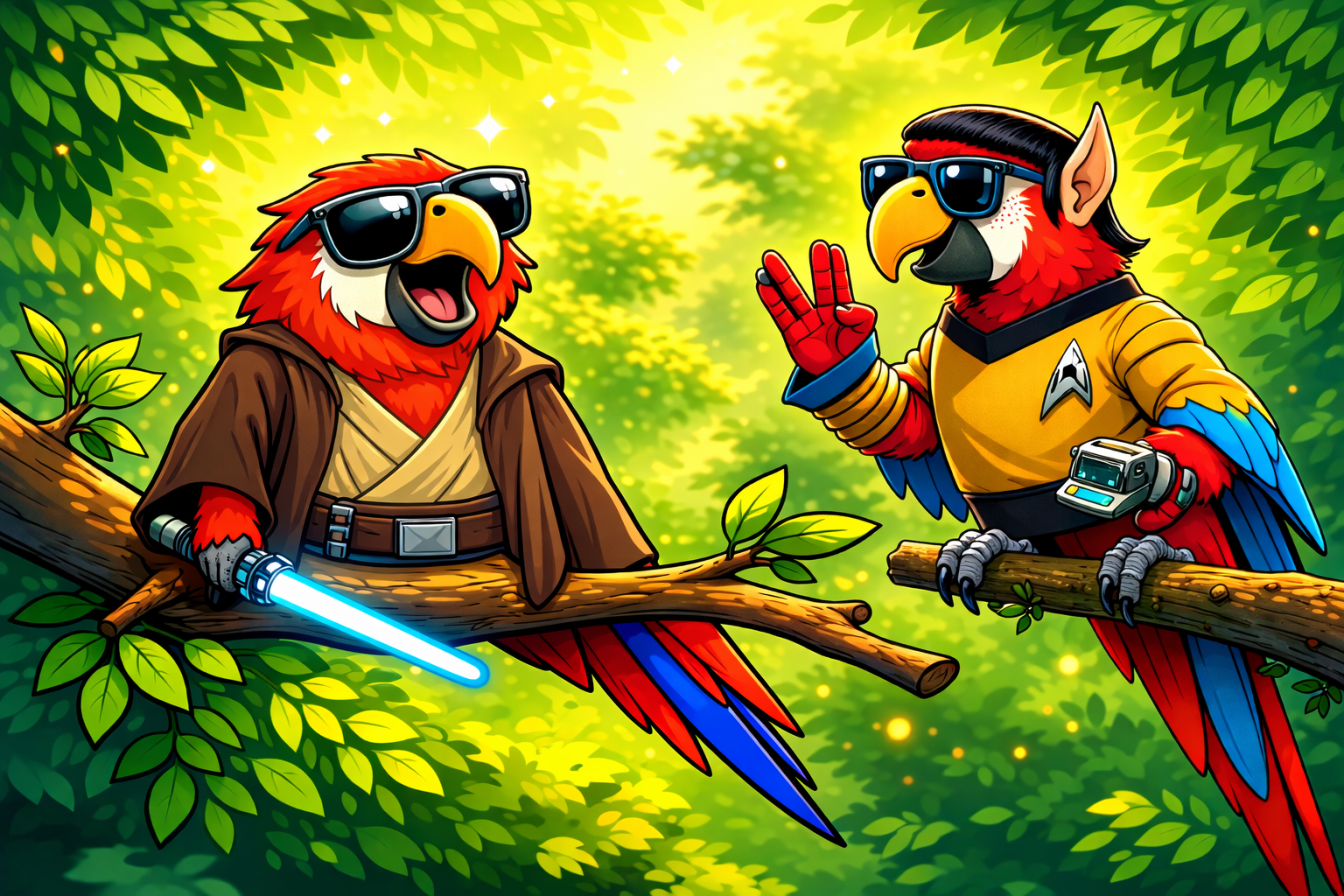 Two cheerful macaw parrots dressed in Star Wars and Star Trek outfits.
