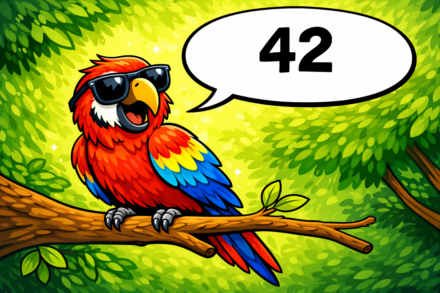 A cheerful macaw parrot wearing sunglasses says 42.